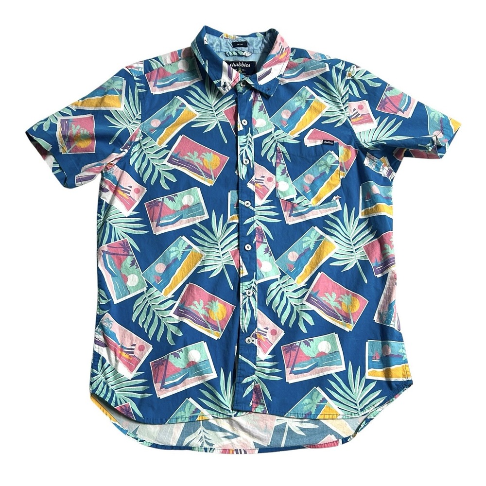 Chubbies Men's Button Down Shirt Size Large‎ Blue Vacation Resortwear Beach